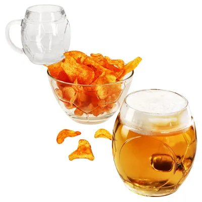 Produktbild von 3tlg Fußball Set Biergläser 0,5L geeicht & Schale Ball-Relief Krug aus Glas Bowl