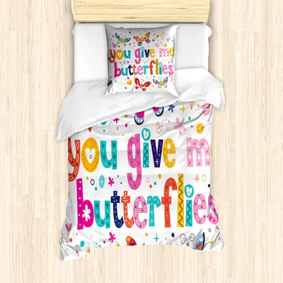 Produktbild von ABAKUHAUS Schmetterling Mantele, Wörter Herz-Cartoon, Milbensicher Allergiker geeignet mit Kissenbezügen, 135 cm x 200 cm - 80 x 80 cm, Mehrfarbig