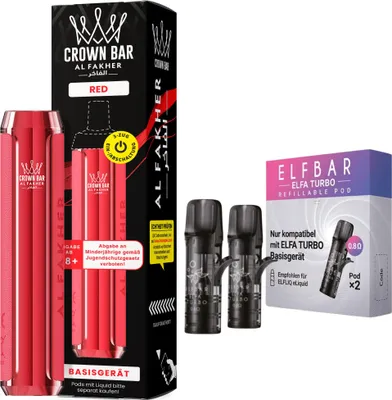 Obrázek produktu pro Al Fakher Crown Bar 600 Pod Kit červený – 500 mAh mod včetně 2 prázdných podů 0,8 Ω, USB-C, 2ml pod systém, DTL a MTL, dobíjecí, bez e-liquidu