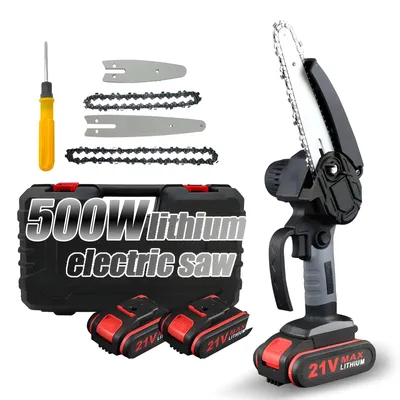 A collection of mini chainsaw parts and accessories laid out on a white background.
