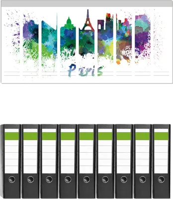 Produktbild von Wallario 9 Stück breite Ordner inkl. Klebeetiketten mit Motive Städte als Aquarell - Skyline von Paris -  Set mit Rückenschildern / Ordnerrücken Stickern