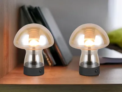 Produktbild von 2er SET kleine kabellose Akku Tischlampen aus Glas, Pilzlampe Bernsteinfarben