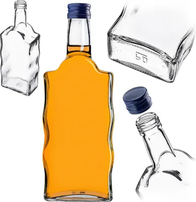 A collage of glass bottles, one filled with orange liquid and capped, and others shown empty or with a cap.