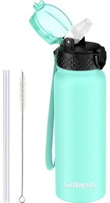 Produktbild von Edelstahl Wasserflasche mit Strohhalm 600ml Hellgrün BPA-frei Auslaufsicher Thermosflasche