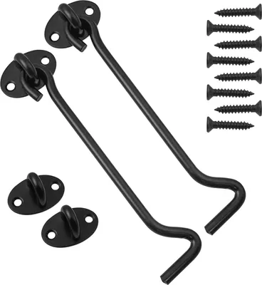A set of black cabin hooks and screws on a white background.