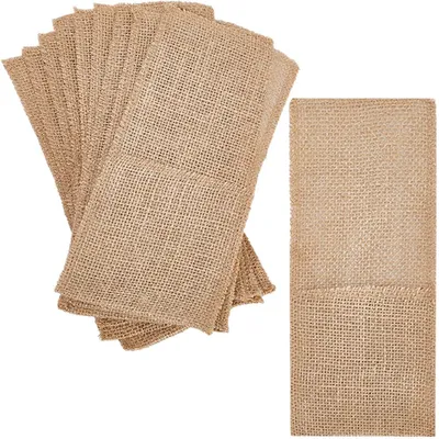 Image de Poche à couverts en toile de jute - Lot de 10. Supports pour couverts et serviettes - 10 x 22 cm - Couleurs naturelles