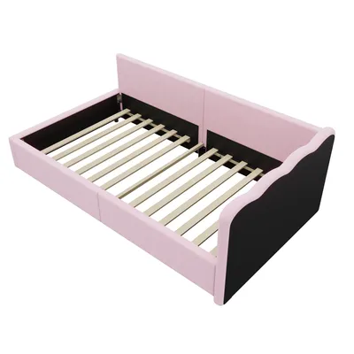Produktbild von Flieks Schlafsofa Tagesbett 90x200cm mit LED, Polsterbett mit Lattenrost, Gästebett Einzelbett Holzbett Daybed mit Rückenlehne, Vliesimitat, Rosa