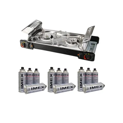 Obrázok produktu pre IMEX BDZ-2x155 Nerezový dvojplatničkový vonkajší plynový varič s 12 plynovými kartušami