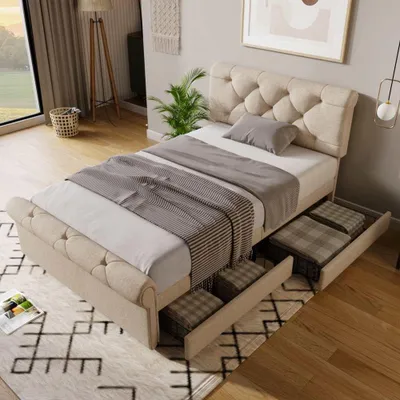 Produktbild von Natürliches Polsterbett mit höhenverstellbarem Kopfteil und 2 Schubladen, Chesterfield Design, ohne Matratze, Einzelbettgestell, 90x200 cm
