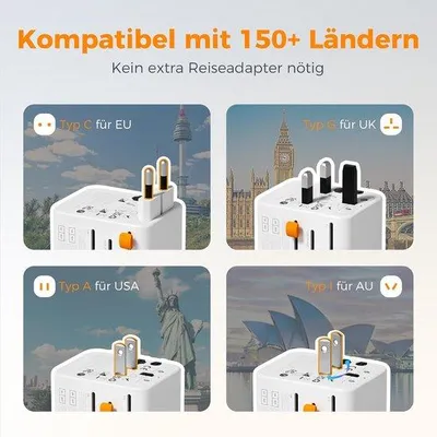 Productafbeelding van Reisadapter met 2 USB-C en 2 USB-A poorten - universele stekker