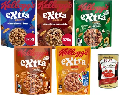 Produktbild von Extra Granola Mix 5 Sorten knuspriges Müsli 5x375g Vorratspack Frühstück ohne Palmöl reich an Ballaststoffen Familienpackung + Italian Gourmet polpa