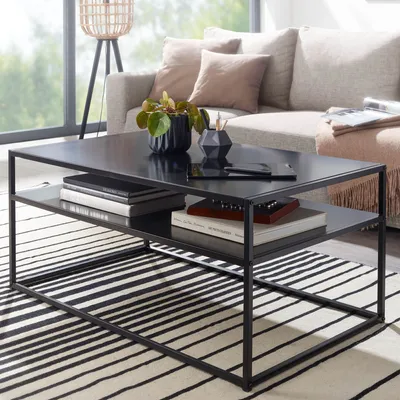 Produktbild von WOHNLING Couchtisch 100x60x45 cm Metall Wohnzimmertisch Industrial Schwarz Sofatisch Stahl mit Stauraum Loungetisch mit Ablagefach Kaffeetisch