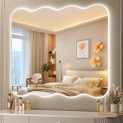 Obrázek produktu pro LED zrcadlo do koupelny, 91x91 cm, vlnkový design, s funkcí proti zamlžování a se 3 barvami světla, s regulací jasu