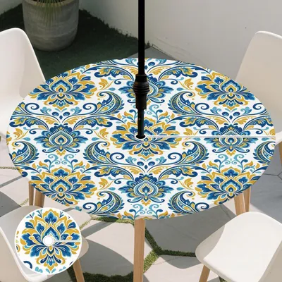 Obrázek produktu pro Kulatá ubrus, omyvatelná, odolná povětrnostním vlivům, s gumou, průměr 132 cm, vzor Paisley, pro venkovní použití