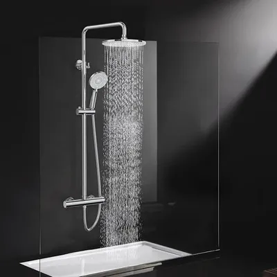 Productafbeelding van Douchesysteem met thermostaat, chroom. Compleet doucheset met een ronde regendouchekop van 25 cm, een douchekop met 3 straalpatronen, verstelbare hoogte (92-126 cm), regendouche met armatuur, doucheset