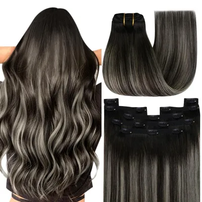 Obrázok produktu pre Clip-in príčesky z prírodných vlasov, ombre efekt, čierna a strieborná, 40 cm, 120 g