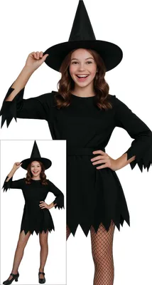 Zdjęcie produktu dla Czarownica Czarna Magia Halloween Magiczny Kapelusz Kostium Płaszcz Sukienka Mistyczna Zielarka Gothic, Rozmiar: 14 - 16 lat Kolor: Czarny