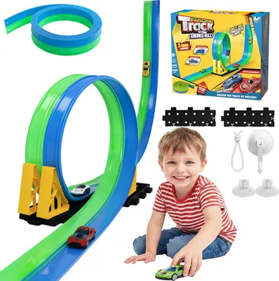 Produktbild von Autorennlbahn 4,5 m, 4 Rennwagen, 2 Bodenplatten, flexible Rennbahn für Kinder