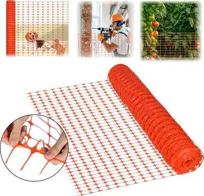 Collage of images showing orange plastic netting used for various purposes, including pet containment, construction safety, and garden fencing.