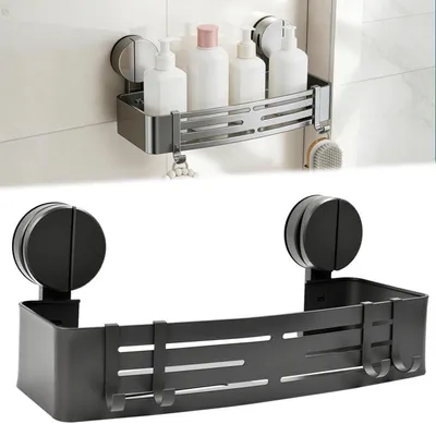 Zdjęcie produktu dla Półka pod prysznic bez wiercenia, z 4 haczykami, wykonana z aluminium i tworzywa sztucznego, o wymiarach 32 cm
