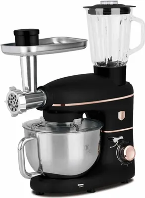 A black and rose gold multi-functional kitchen appliance with a meat grinder attachment and a blender jug.