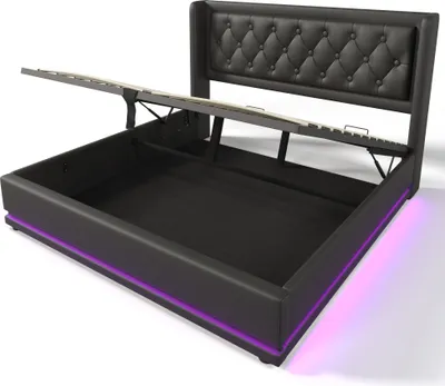 Produktbild von Flieks Polsterbett 160x200cm mit USB & Typ-C, Doppelbett Jugendbett mit LED, Hydraulisches Stauraumbett Boxspringbett mit Lattenrost, PU, Schwarz