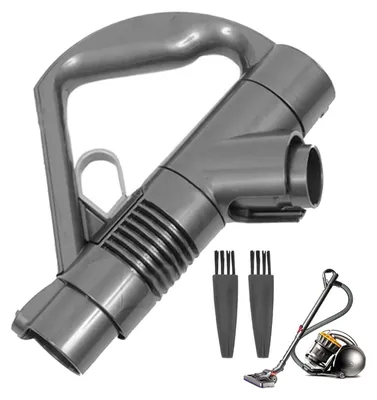 A gray vacuum cleaner handle attachment and two small brushes are shown on a white background, with a small vacuum cleaner in the lower right corner.