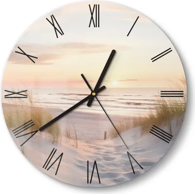 Produktbild von DEQORI Glasuhr Ø30 cm Römisch 'Abendruhe am Strand' Wanduhr Glas Uhr Design leise Küchenuhr