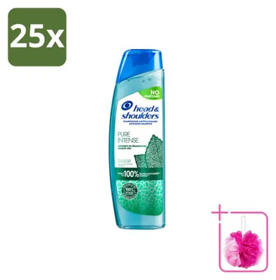 Zdjęcie produktu dla 25 sztuk szamponu Head & Shoulders Pure Intense do włosów przetłuszczonych, o działaniu przeciwłupieżowym, z dodatkiem mięty pieprzowej, pojemność 250 ml - zestaw ekonomiczny