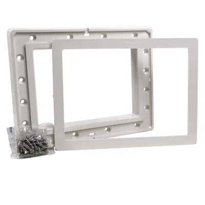 Two white plastic frames and a bag of screws on a white background.