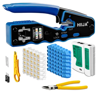 RJ45-Krimpset mit Durchgangssteckern, Crimpzange, LAN-Tester, 50 Stück Cat6
