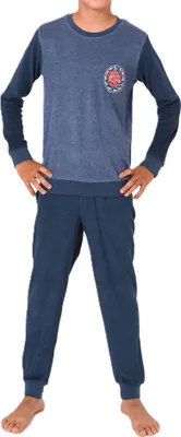 Produktbild von Normann Jungen Frottee Pyjama Schlafanzug mit Bündchen und Stickerei ; blau , 122