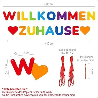 Produktbild von Willkommen Zuhause Banner Bunt, herzlich willkommen Girlande für Dekoration Familie Partei Welcome Home Banner mit 38Stk Wimpeln und 4 Stk 3 m Juteseil
