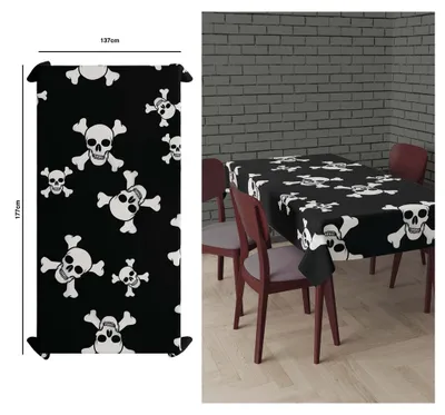 Produktbild von Schwarze Halloween Tischdecke mit weißen Totenköpfen