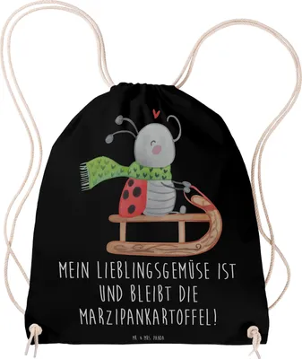 Produktbild von Mr. & Mrs. Panda Rucksackbeutel Smörle Rodeln - Schwarz - Geschenk, Weihnachten, Jutebeutel, Marzipan, Winter, Stoffbeutel, wander rucksack, mit kordel, Sportbeutel
