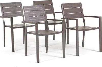 Image de lot de 4 chaises de jardin en acier laqué et polyéthylène imitation bois - design moderne, empilable et robuste pour jardins, terrasses, bars et restaurants - Adele - Colombe