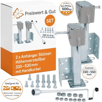 Produktbild von 2x Anhänger Stützen höhenverstellbar 330–550 mm aus verzinktem Stahl Kurbelstützen für Wohnmobil Caravan PKW Anhänger