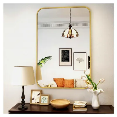Produktbild von Wandspiegel Gold, 61x91 cm, Badezimmerspiegel mit abgerundeten Ecken, Wandspiegel mit Aluminiumrahmen, für horizontale oder vertikale Montage, Gold