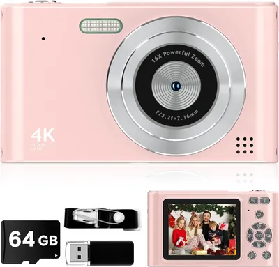 Obrázek produktu pro ZELURXX digitální kamera, dětská kamera 1080P, vlog kamera s 64GB kartou, popruh, 16x zoom, anti-shake, 44 MP kompaktní přenosná růžová