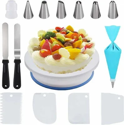 Produktbild von Tortendrehteller 28 Cm, 15-teiliges Backset Mit Spatel Schaber Spritztüllen Für Professionelle Tortendekoration