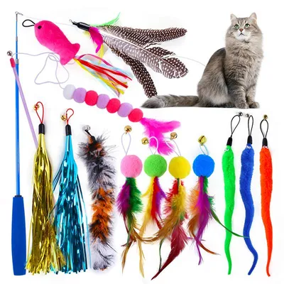 Produktbild von 14-teiliges Katzenspielzeug Set, Interaktiver Federangel, robust & sicher, Fitness & Spaß, Katzen Trainingsspielzeug