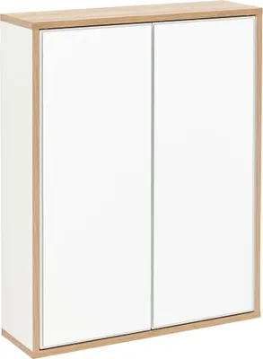 Zdjęcie produktu dla Szafka z lustrem FACKELMANN FINN / Szafka łazienkowa z otwieraniem push-to-open / Wymiary (szer. x wys. x gł.): ok. 60 x 75 x 20,5 cm / Szafka łazienkowa z 2 drzwiami / Korpus: biały / Front: lustro / Dekor ramy: jasnobrązowy