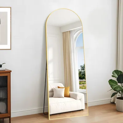 Immagine prodotto di Specchio a figura intera, 165 x 60 cm, con superficie curva, cornice in alluminio dorato, da appendere o da appoggiare, inclinabile