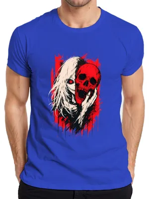Produktbild von Horror Anime Girl Roter Totenkopf Skull Gothic Grunge Japan Manga Herren T-Shirt, Blau, M