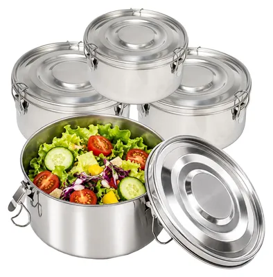 Produktbild von Set aus 4 runden Edelstahl-Lebensmittelbehältern mit Deckel