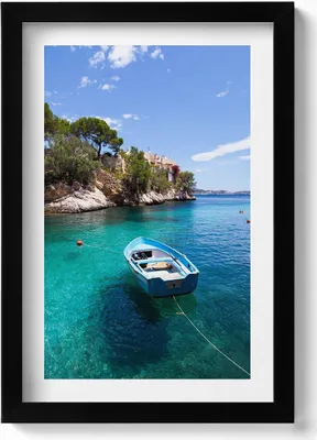 Produktbild von Boot auf dem türkisfarbenen Meer– Wandbild mit Rahmen – Gerahmtes Bild  – Wanddekoration – 20x30 cm – Schwarz