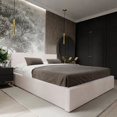 A modern bedroom with a bed, nightstand, and wardrobe.
