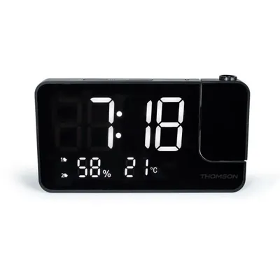 A black digital alarm clock with a projection feature, displaying the time, humidity, and temperature.