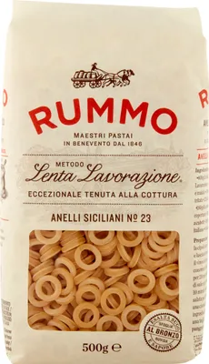 A bag of Rummo Anelli Siciliani No. 23 pasta.