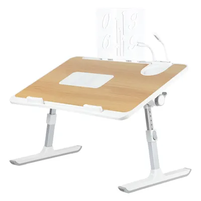 A portable, adjustable laptop desk with a wood-grain surface and white frame, shown against a white background.